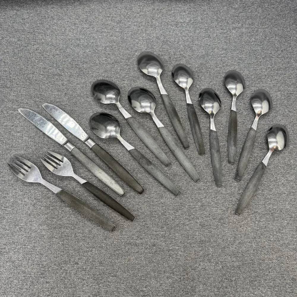 13pc Vintage Stainless Japan Knives Forks Spoons Black Inlay MCM Flatware READ